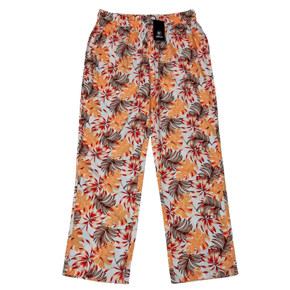 Iwoo Floral Print Pants Women Straight Leg Elastic Waist Pockets Size Large